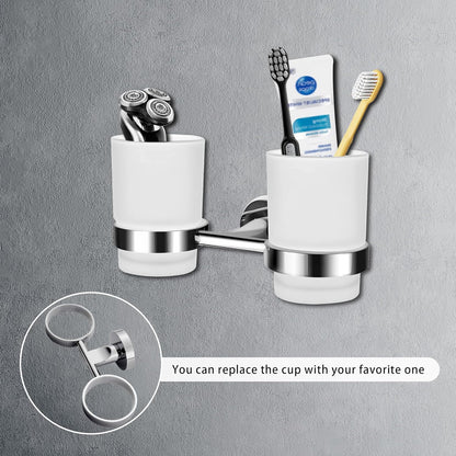 Bathroom Toothbrush Holders Set - Wall Mounted Tooth Brush Holder with Glass Toothpaste Cup, Stainless Steel Toothbrush Caddy Storage for Kids & Adult (Single)