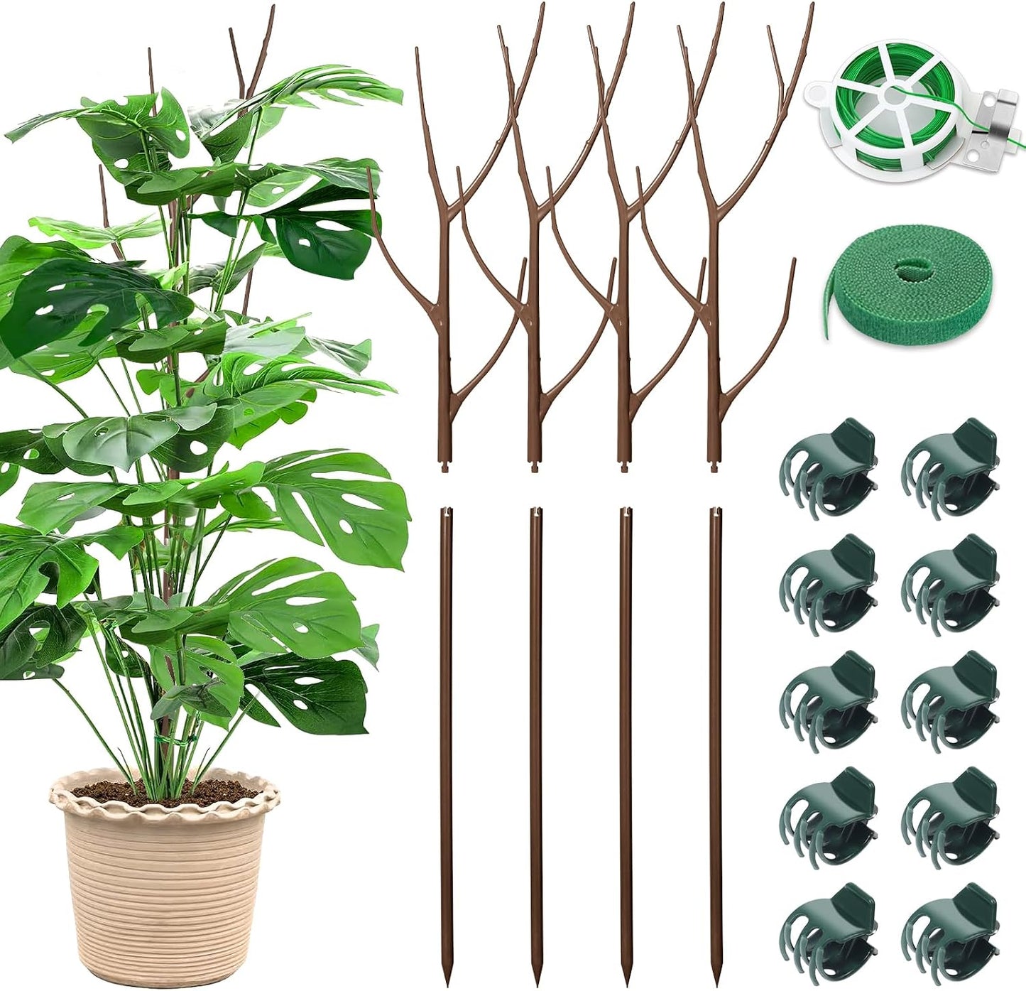 ROADPLUM 4 Pack 39.37" Detachable Twig Plant Support Stakes Set, Blends in to Plant, Branch Plant Sticks with Orchid Clips Twist Plant Ties, Twig Trellis for Indoor Outdoor Plants Potted Plants Flower