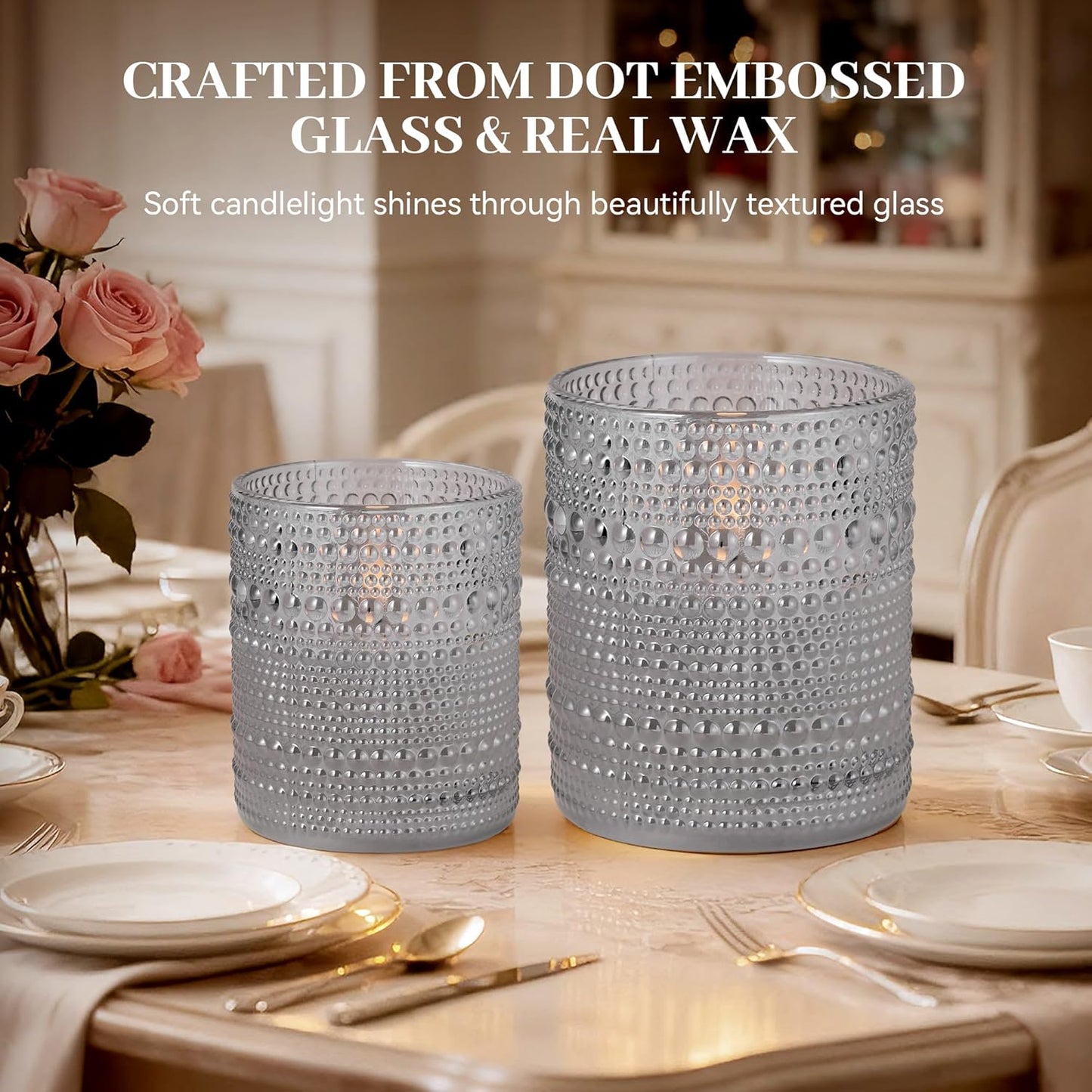 Dotted Glass Flameless Candles with Remote Timer, Real Wax Battery Operated LED Pillar Candles with 3D Flickering Flame for Festival Wedding Home Party Decor, 3" x 4", 4" x 5", Set of 2 (White)