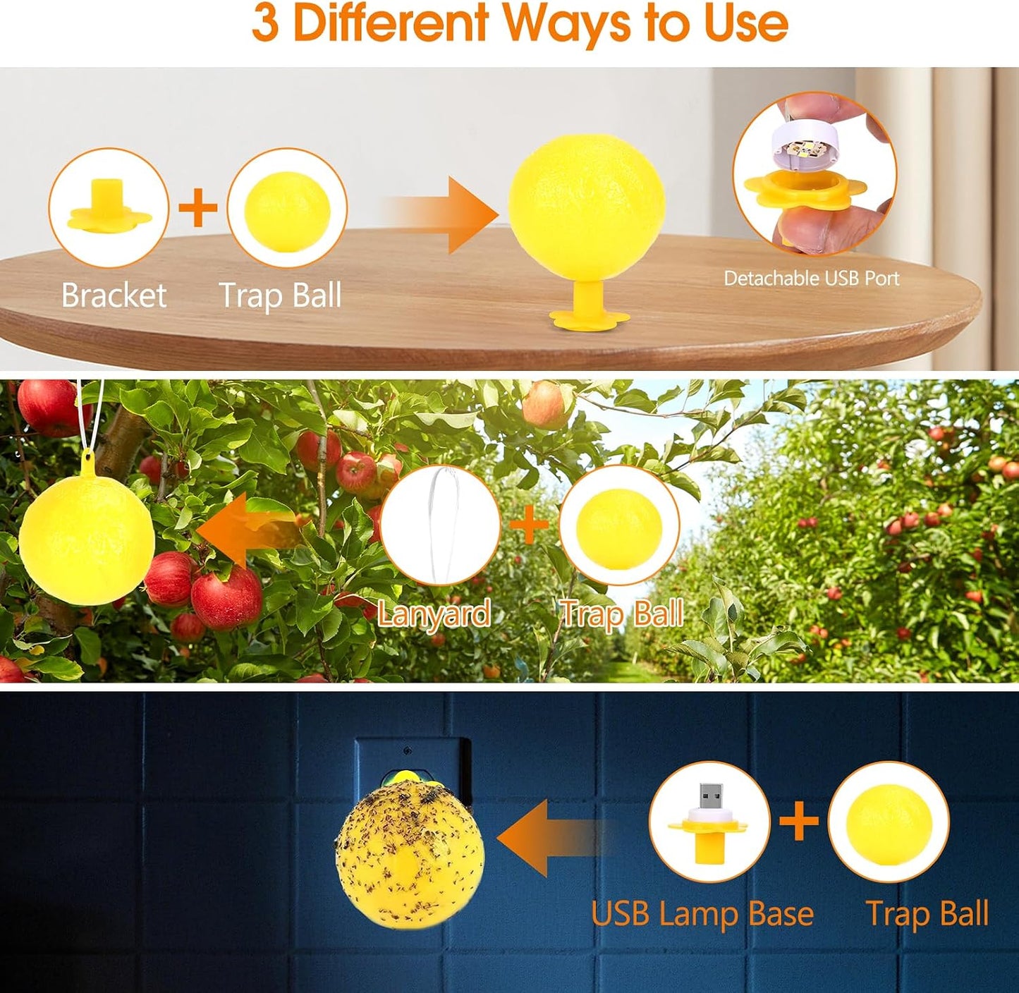 Original Fruit Fly Trap Ball with Light, 6pcs Hanging Fungus Gnat Killer Catcher, Adhesive Sticky Glue Catching Ball Fly Gnat Wasp Hornet Bugs Flying Insects Trap Ball for Indoor Outdoor Plant