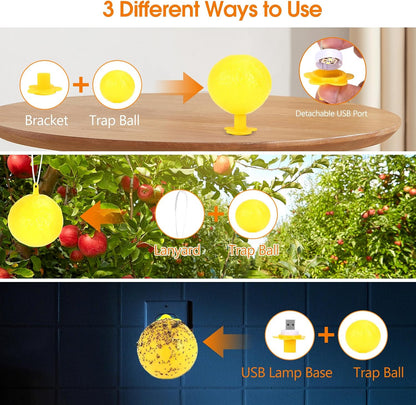 Original Fruit Fly Trap Ball with Light, 6pcs Hanging Fungus Gnat Killer Catcher, Adhesive Sticky Glue Catching Ball Fly Gnat Wasp Hornet Bugs Flying Insects Trap Ball for Indoor Outdoor Plant