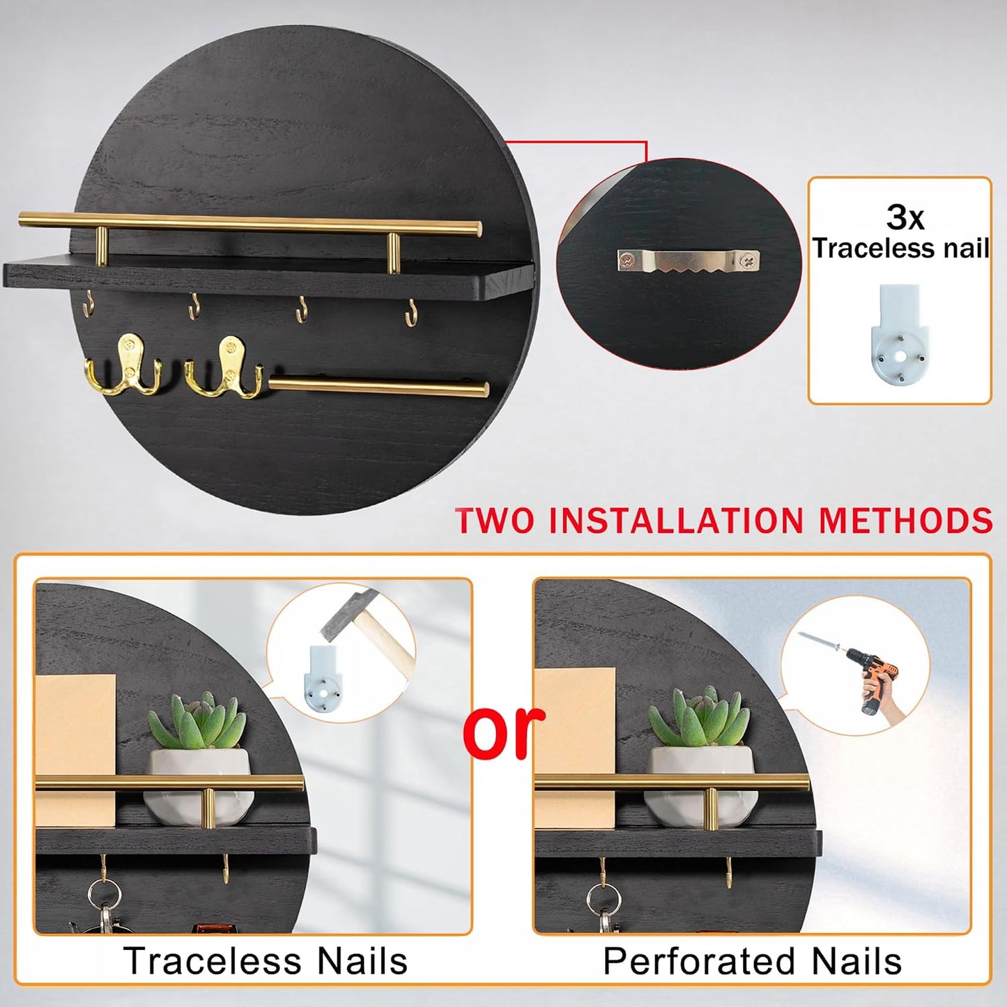 dreampossible Key Holder for Wall Decorative with Shelf and Hooks, Mail Organizer Wall Mount, Circular Design Entryway Key Rack Hanger, Rustic Home Decor (Black)