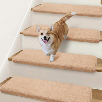 Bullnose Stair Treads Non Slip 9.5" x 32", 14 Pcs Ultra Plush Carpet Stair Treads for Wooden Steps Indoor with Edge Protection, Reusable Peel and Stick TPU Backing Stair Runner Rugs - Beige Gray