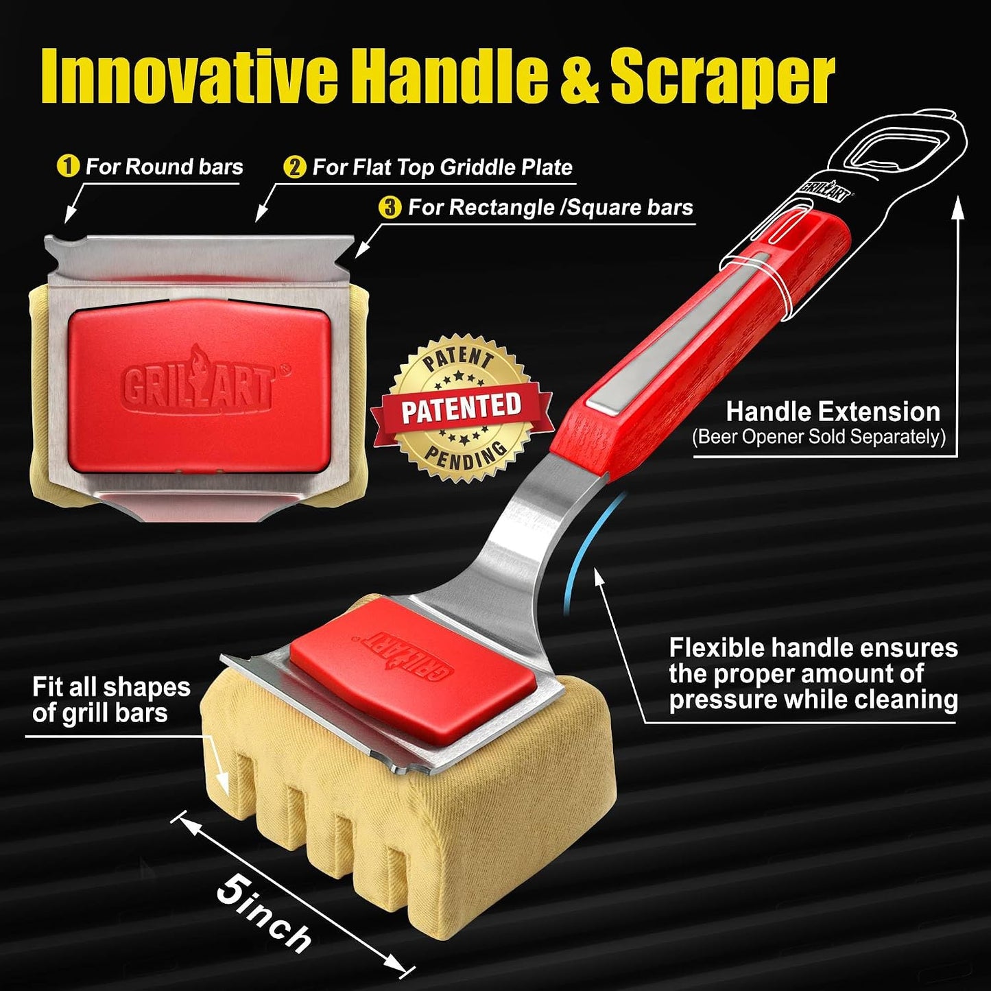GRILLART Grill Brush Bristle Free. SteamWizards BBQ Replaceable Cleaning Head, Unique Seamless-Fit Scraper Tool for Cast Iron/Stainless-Steel Grates, Safe Barbecue Grill Cleaner-Red