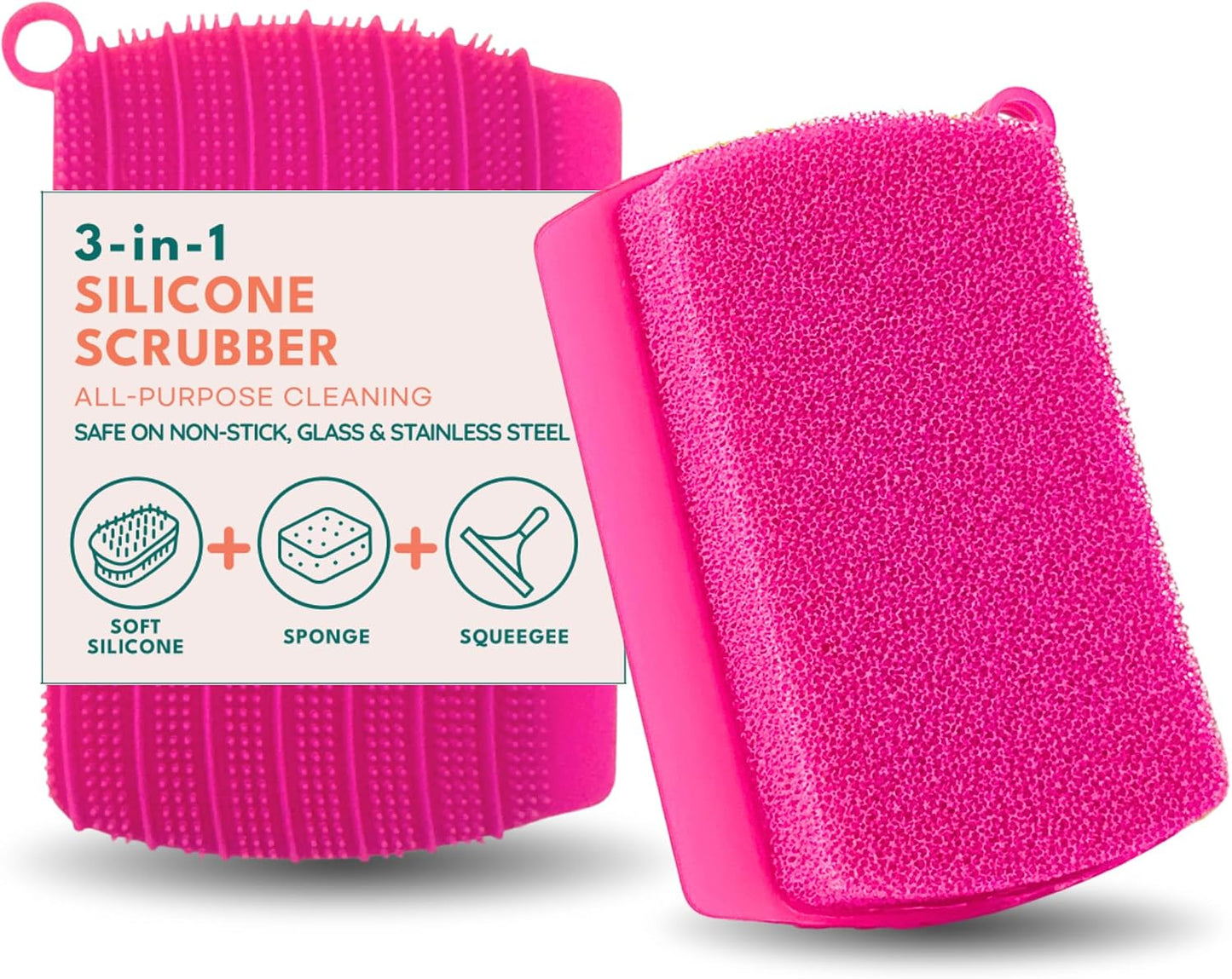 3-in-1 Silicone Scrubber Sponge with Squeegee – Non-Scratch Kitchen Sponge for Dishes, Sink & Bathroom, Quick-Dry, Reusable Cleaning Tool (Pink+Yellow)