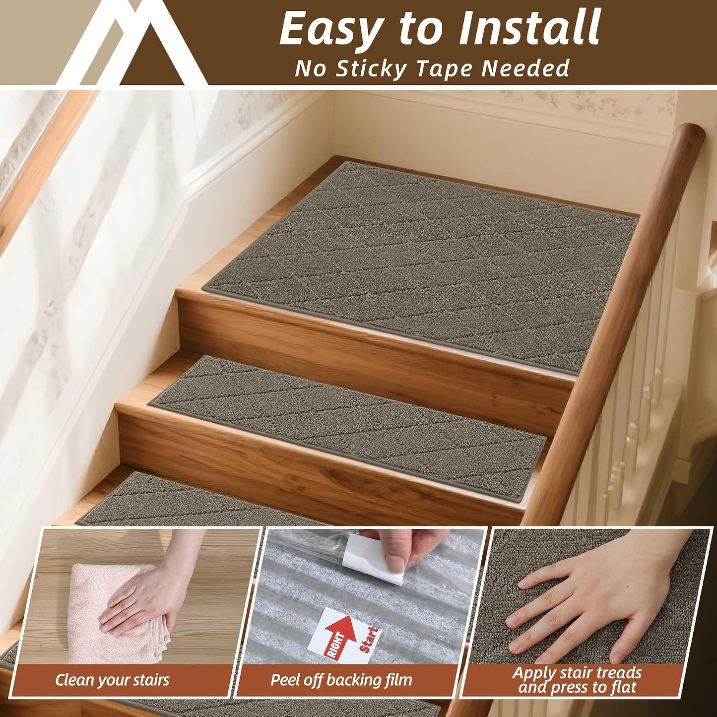 COSY HOMEER Edging Stair Treads Non-Slip Carpet Mat 28inX9in Indoor Stair Runners for Wooden Steps, Edging Stair Rugs for Kids and Dogs, 100% Polyester TPE Backing(4pc, Beige)