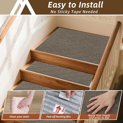 COSY HOMEER Edging Stair Treads Non-Slip Carpet Mat 28inX9in Indoor Stair Runners for Wooden Steps, Edging Stair Rugs for Kids and Dogs, 100% Polyester TPE Backing(4pc, Beige)
