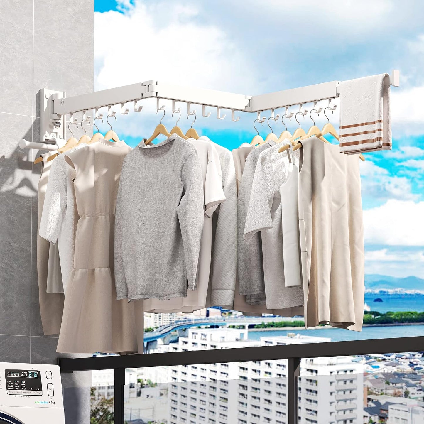 LIENAHU Wall Mounted Clothes Drying Rack, Collapsible, Folding, Retractable - Clothes Hanging Rack (Hooks, White)