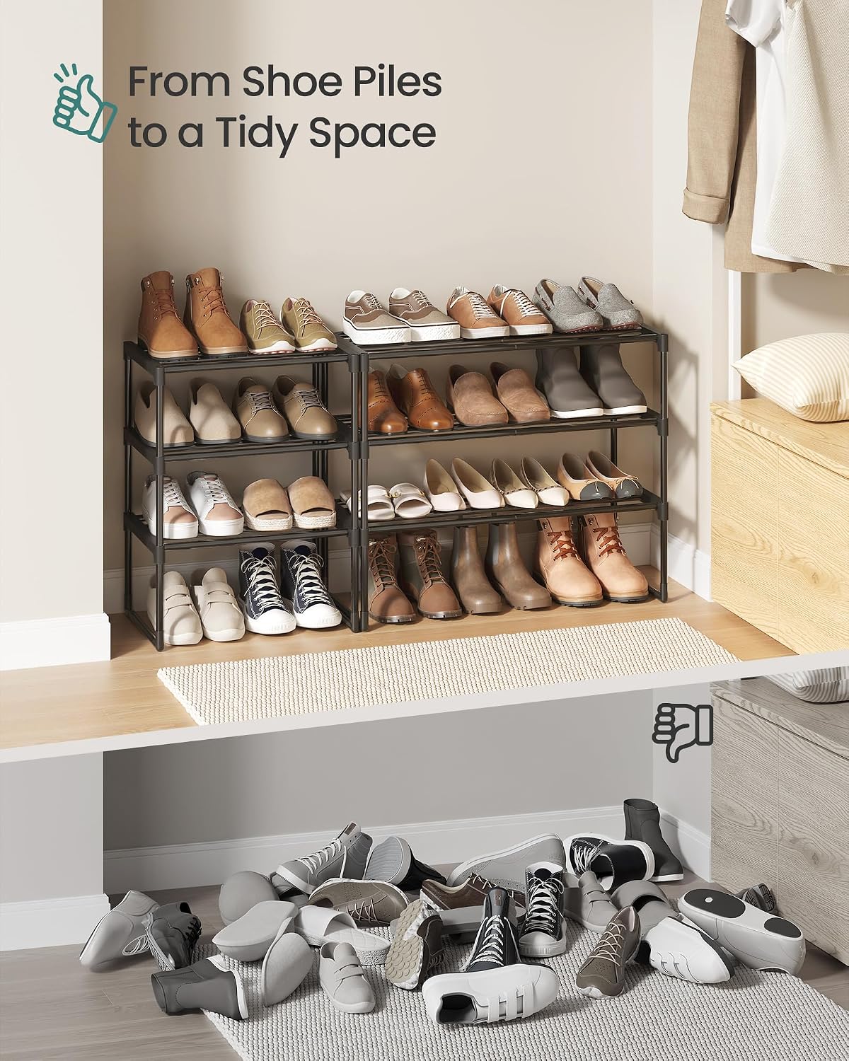 SONGMICS Shoe Rack, 6-Tier Shoe Organizer, Metal Storage Shelf, Upright or Upside Down, for 24-30 Pairs, Stackable, for Entryway, 11.8 x 36.2 x 42.7 Inches, Black ULSA306BH01