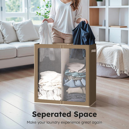 SOLEDI Luxury Double Laundry Hamper with Lid and Removable Bags, 38.3 Gal Large Laundry Bin, Laundry Basket 2 Sections, Collapsible Clothes Hamper for Bedroom, Laundry Room, Bathroom, Off-white