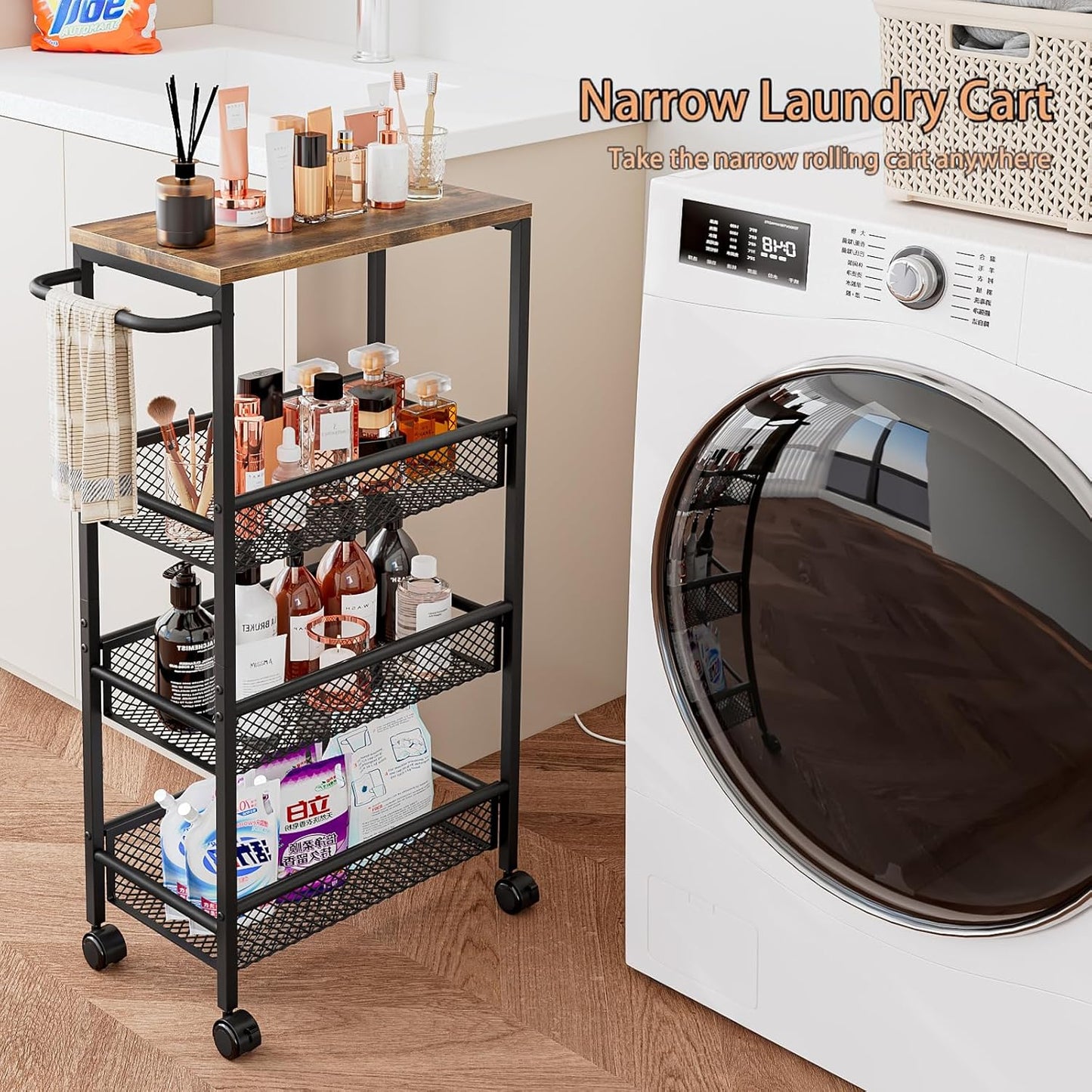 AZERPIAN Slim Rolling Cart 4 Tier Narrow Storage Cart on Wheels with MDF Board Top and Metal Handle for Small Space Kitchen Living Room Home Office Pantry Bathroom Laundry Room(16.54×5.12×30.31 inch)