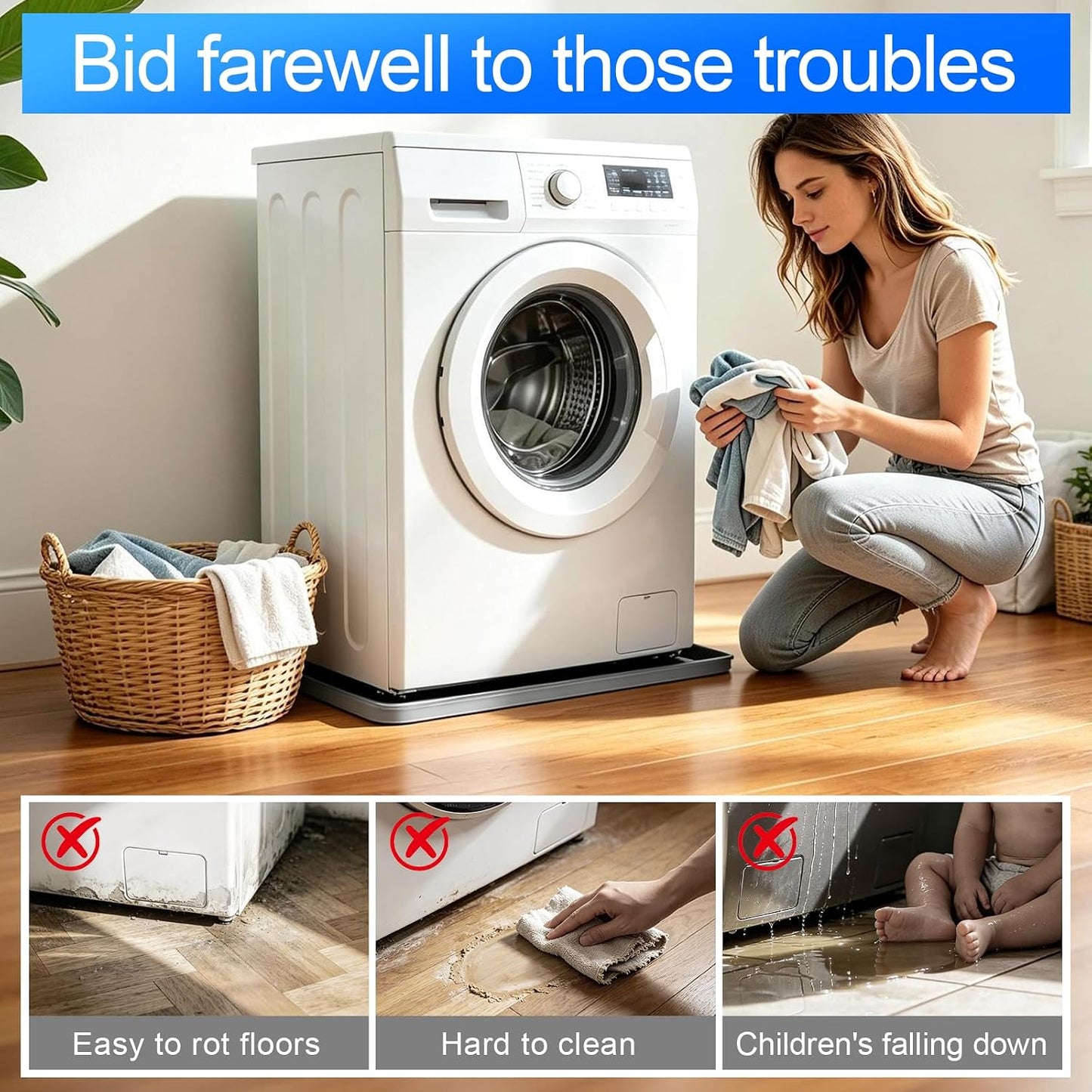 Washing Machine Drain Pan Silicone Mat, Thickened Large 32" X 30" Non-Slip Waterproof Washer Drip Tray, Raised Edge Mat for Under Dryer or Washer, Anti-Vibration,Floor Leak Protector for Laundry Room