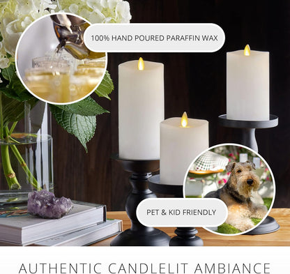 Luminara Realistic Flameless LED Set of 3 Ivory Pillar Candles, Home Safe Moving Flame Melted Top Illumination, Battery Operated Remote Control w/Timer