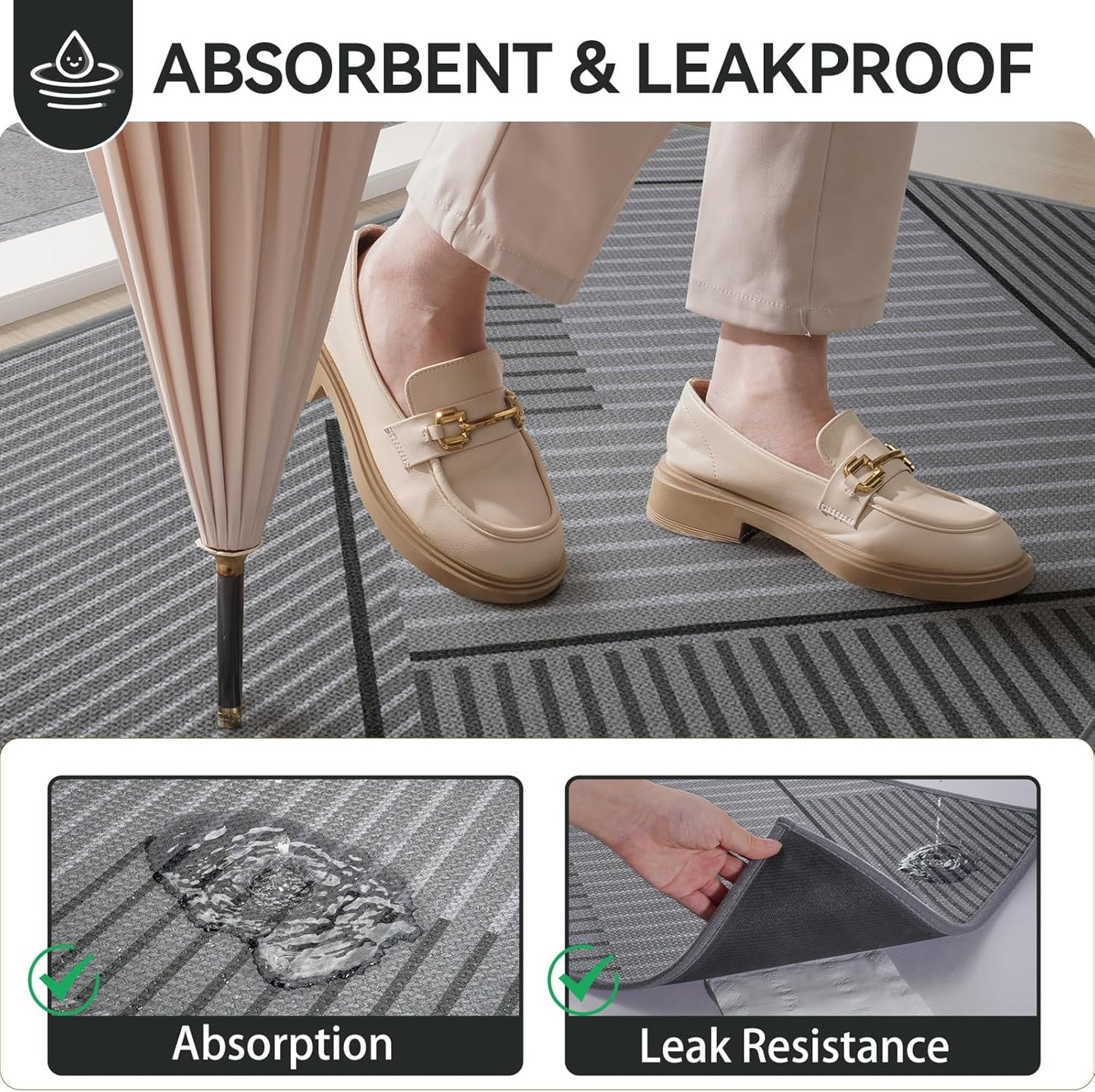 Front Door Mat 17''x30'', Absorbent Dirt Resist Washable Non Slip Low-Profile Indoor Doormat, Easy Clean Welcome Entryway Door Mats, Brown