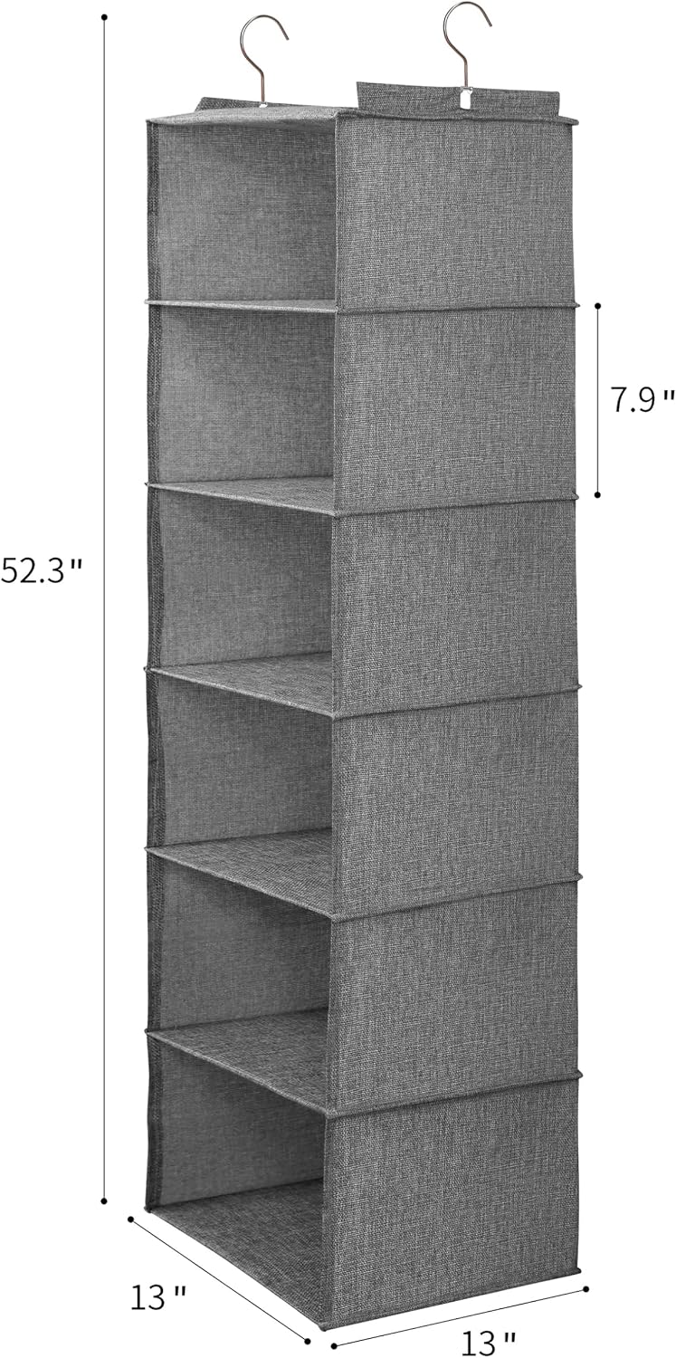 Large Hanging Sweater Organizer for Closet,Collapsible 6-Shelf Hanging Closet Shelves with Drawers, Washable (Grey-6 Shelf)