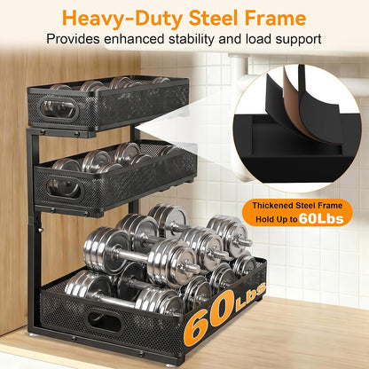 Under Sink Organizer for Bathroom, 3 Tier Adjustable Height Under Sink Storage, Sliding Pull Out Cabinet Organizer Shelf, Metal Multi-Purpose Cabinet Organizer for Kitchen (2 Pack, White)