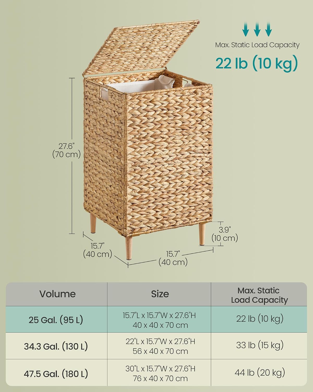 SONGMICS Laundry Hamper 3 Sections, 47.5 Gal. (180 L) Handwoven Water Hyacinth Wicker Laundry Basket with Lid, Natural Material, Removable Machine Washable Liners, Handles, Natural ULCB203Y01