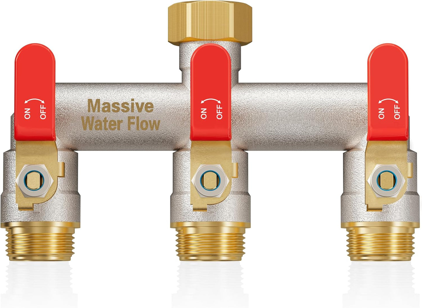Garden Hose Splitter 3 Way Heavy Duty Brass Nickel Plated Hose Splitter with Large Handle, Full Flow Water Hose Spigot Splitter with Shutoff Valve, T Adapter Connector, 3/4 - Inch GHT Thread（Green）