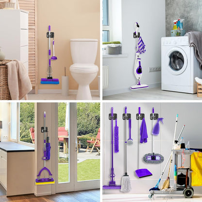 Stainless Steel Broom Holder, Heavy Duty, Rust Resistant, 4 Gripper Positions with 4 Hooks, Black