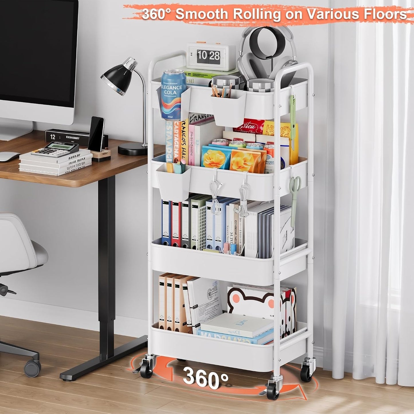 2 Tier Small Rolling Cart Metal with Wheels, White Under Desk Storage Cart on Wheels, Short Utility Roller Caddy Carts Organizer for Art,Craft,Pantry,Bathroom, Two Tiered Shelf Trolley,22 Inches Tall