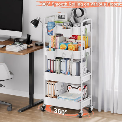 2 Tier Small Rolling Cart Metal with Wheels, White Under Desk Storage Cart on Wheels, Short Utility Roller Caddy Carts Organizer for Art,Craft,Pantry,Bathroom, Two Tiered Shelf Trolley,22 Inches Tall