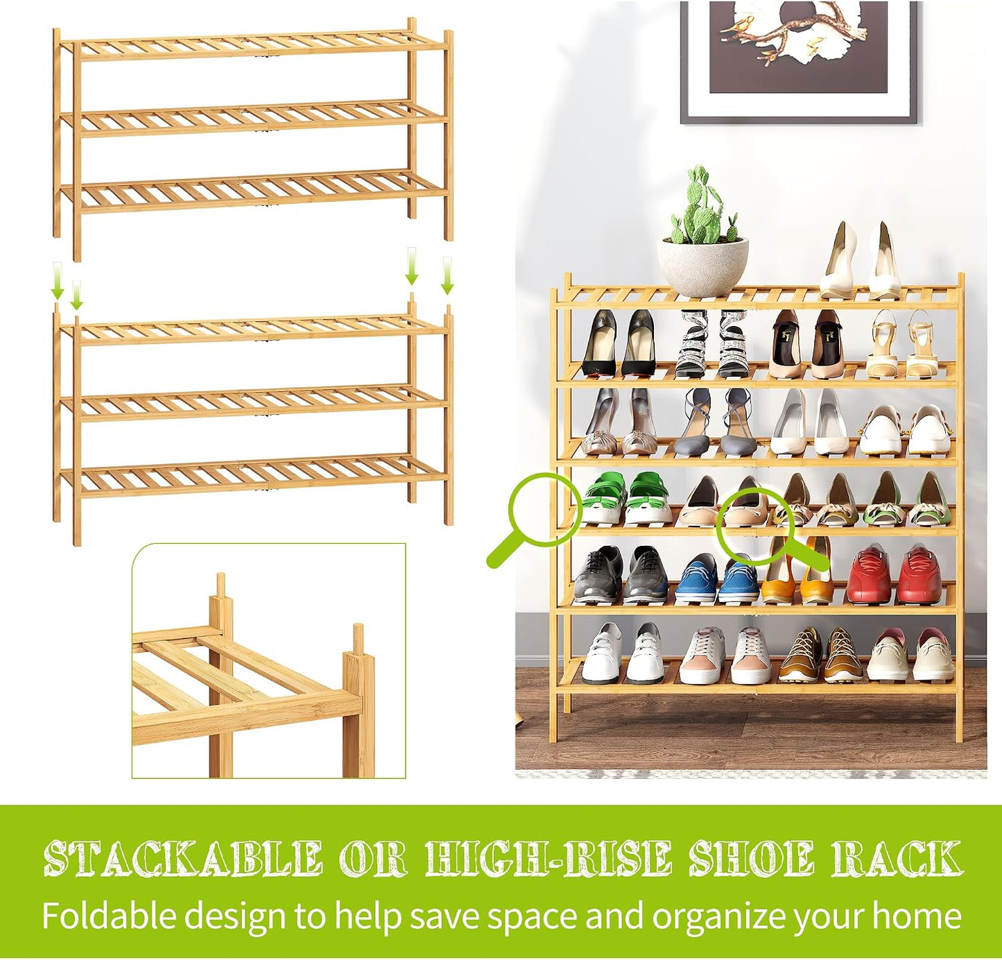 BMOSU 2-Tier Bamboo Small Shoe Rack Premium Stackable Shoe Shelf Storage Organizer for Hallway Closet Living Room Entryway Organizer (Black Bamboo)