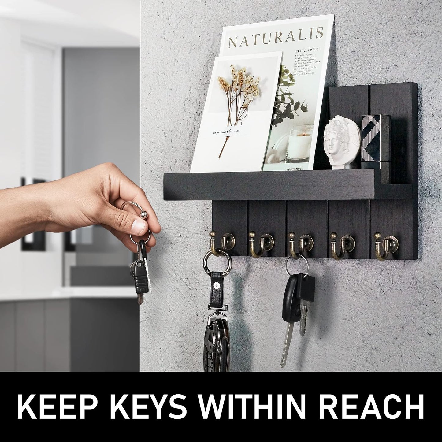 Rebee Vision Decorative Key Holder Wall Mount - Rustic Key Holder for Wall with Shelf and Mail Organizer for Living Room Decor - Home Essentials for Home Improvement (Brown, 3.54" x 10" x 7.28")
