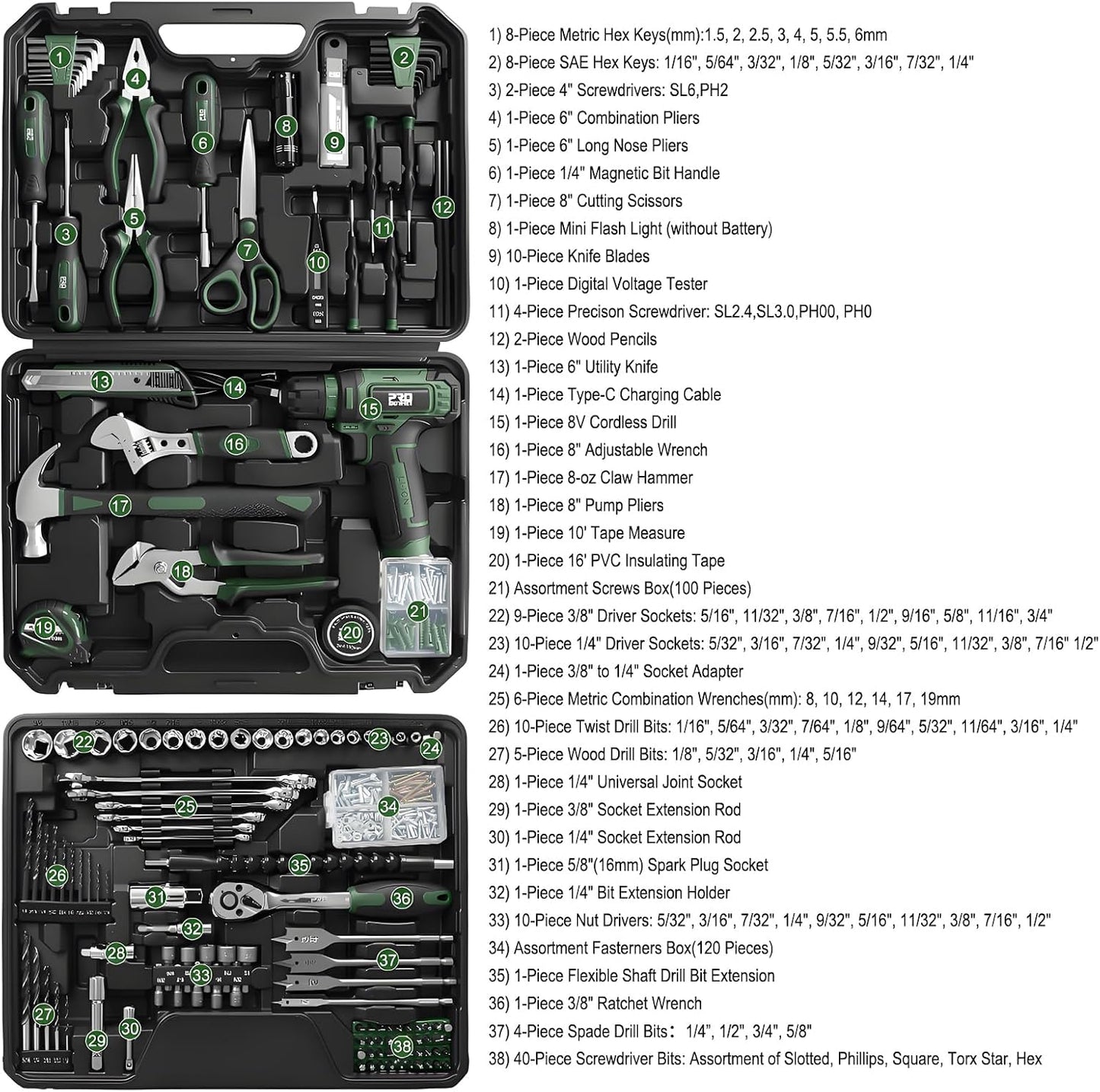 Prostormer Tool Set with 8V Cordless Drill, 369-Piece Home Tool Kit with Drill Driver, Toolbox Storage Case with Drawer, General Household Tools for Home Repairs and DIY, Handyman (Blue)