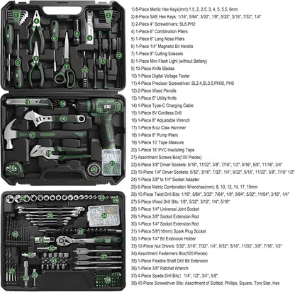 Prostormer Tool Set with 8V Cordless Drill, 369-Piece Home Tool Kit with Drill Driver, Toolbox Storage Case with Drawer, General Household Tools for Home Repairs and DIY, Handyman (Blue)