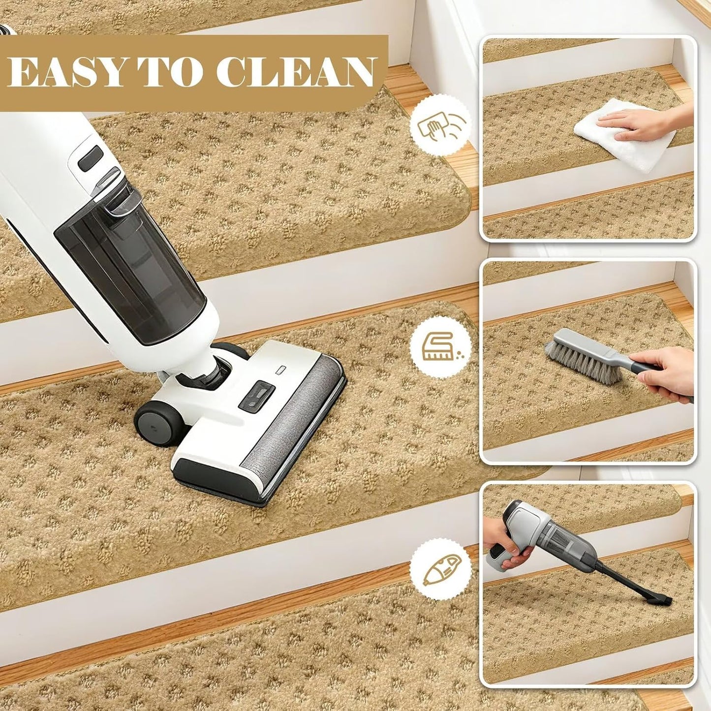 DEXDE Bullnose Stair Treads for Wooden Steps Non-Slip Stair Runner, 14 Pcs | Reusable bullnose carpet Stair Treads Indoor, Peel and Stick Stair Rugs with Edge Protection, Soft Washable, 30"x9.5" Grey