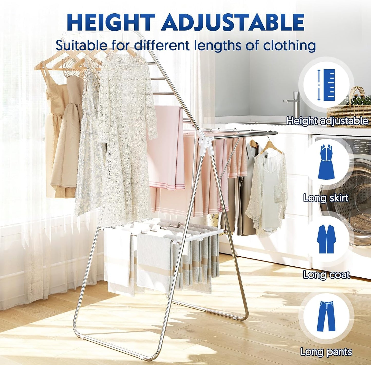 APEXCHASER Large Stainless Steel Clothes Drying Rack, Drying Rack Clothing with Height-Adjustable, Foldable Gullwings Laundry Rack, Indoor Outdoor Use, No Assembly,Black