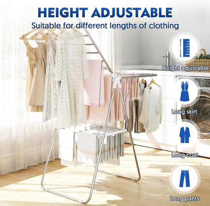 APEXCHASER Large Stainless Steel Clothes Drying Rack, Drying Rack Clothing with Height-Adjustable, Foldable Gullwings Laundry Rack, Indoor Outdoor Use, No Assembly,Black