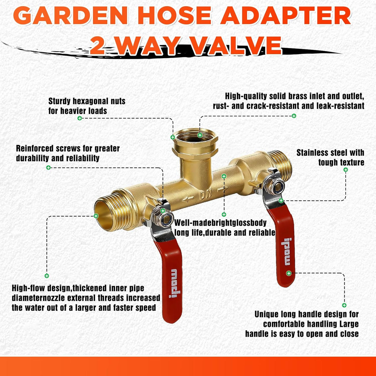 IPOW Upgrade Full Flow Garden Hose Splitter with Stainless Steel Handle, Brass Heavy Duty 2 Way Y Valve Garden Hose Splitter High Flow Spigot Splitter + 6 Rubber Hose Washers with Comfort Grip Use