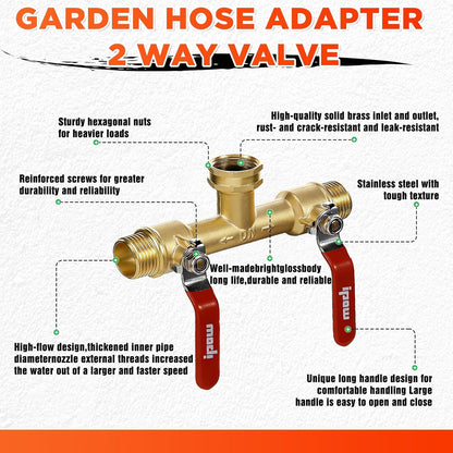IPOW Upgrade Full Flow Garden Hose Splitter with Stainless Steel Handle, Brass Heavy Duty 2 Way Y Valve Garden Hose Splitter High Flow Spigot Splitter + 6 Rubber Hose Washers with Comfort Grip Use
