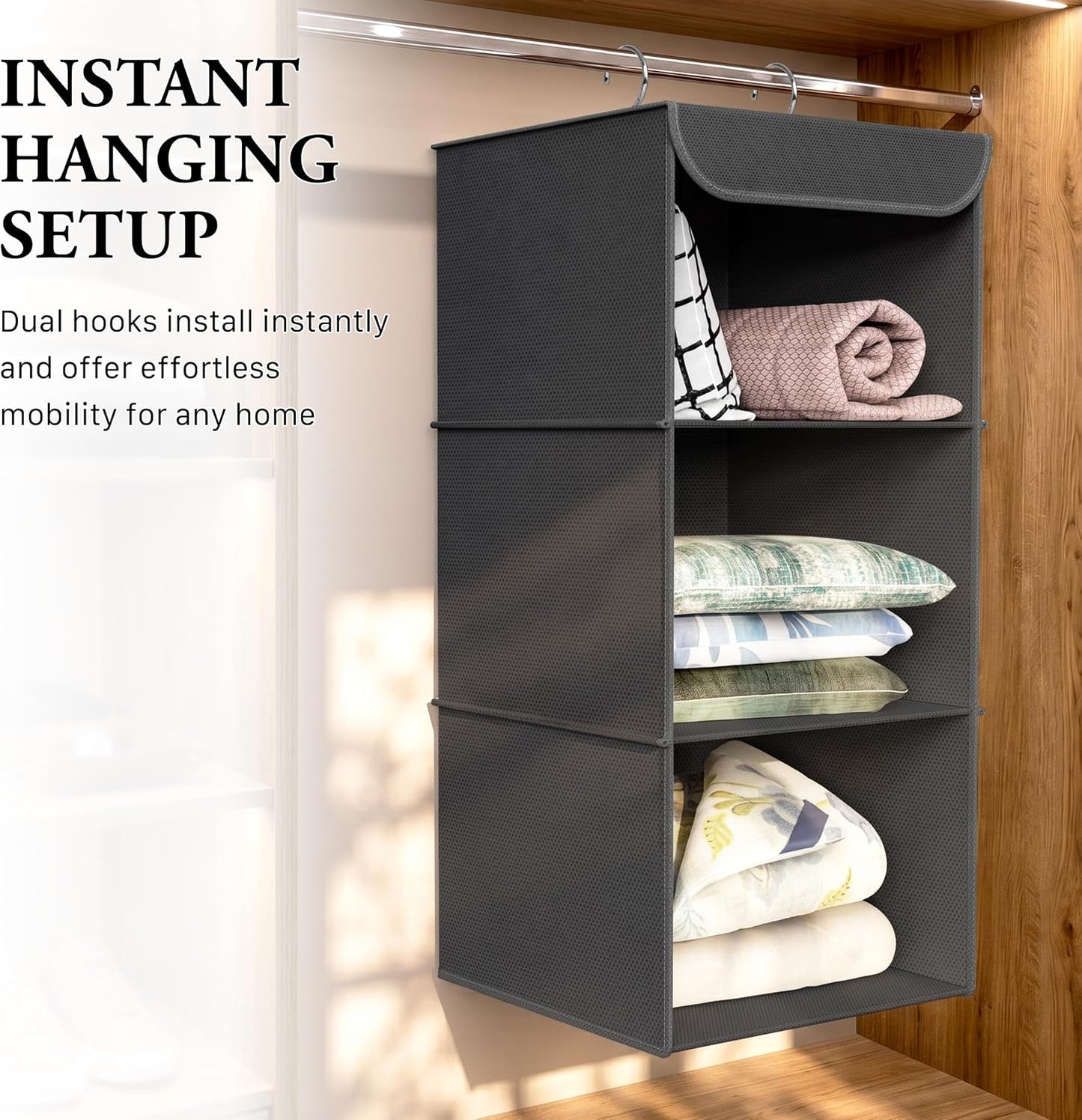 Simple Houseware 3-Shelf Hanging Closet Organizer, Fabric Storage Shelves with 57L Capacity, Black