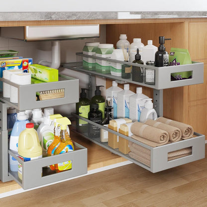 Under Sink Organizer, 2-Tier Dual Pull Out Cabinet Organizer Drawers With Smooth Circular Rail, Large Capacity Metal Mesh Sliding Shelves For Bathroom& Kitchen Storage,Height Adjustable–White,2 Packs