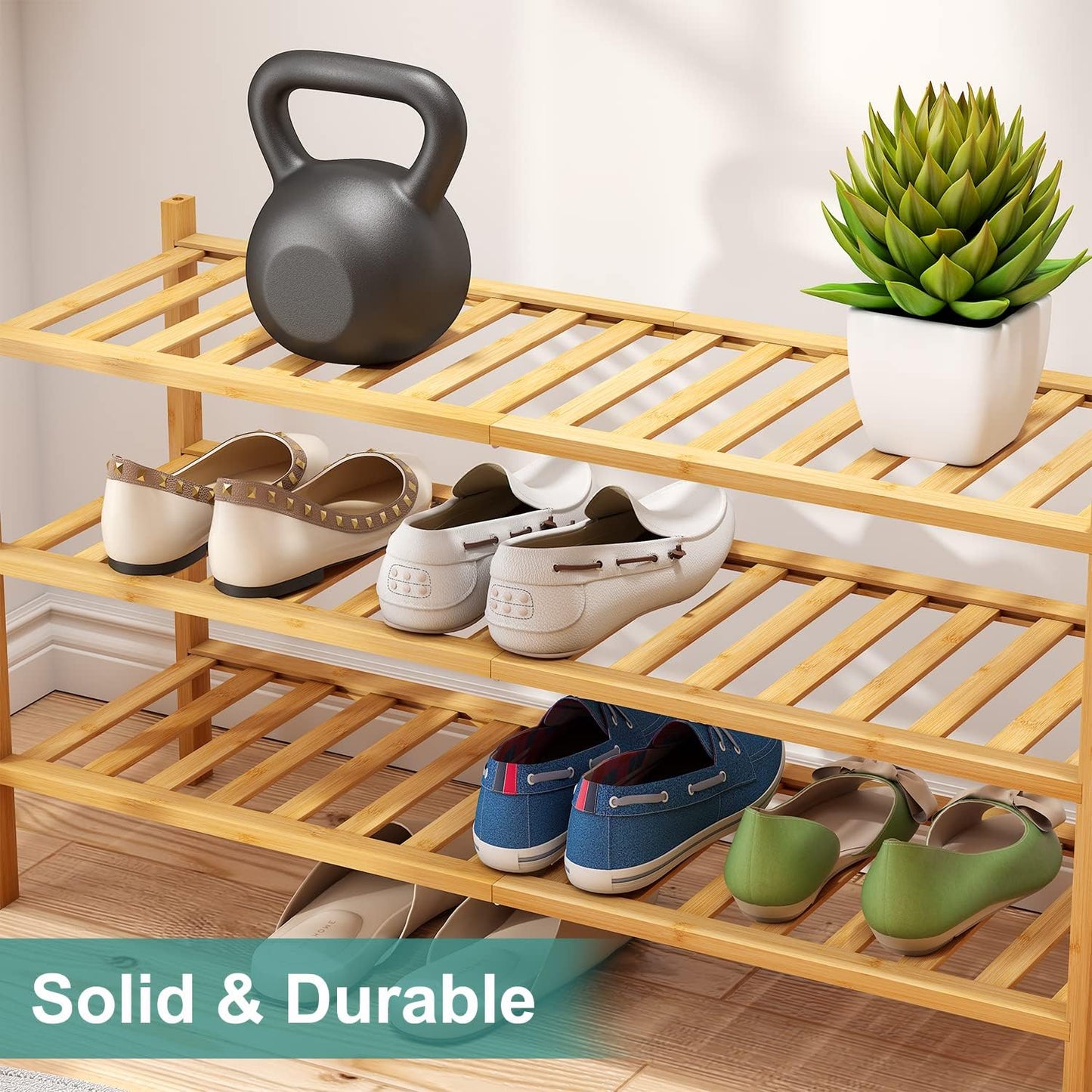 viewcare 3-Tier Black Bamboo Shoe Rack for Entryway, Stackable | Foldable | Natural, Shoe Shelf Storage Organizer for Hallway Closet, Free Standing Shoe Racks for Indoor Outdoor