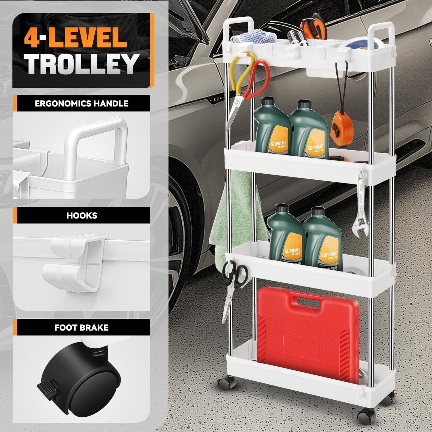 Auto Dynasty 3 Tier Slim Rolling Cart with Handle, Multifunction Utility Storage Rolling Cart, Movable Storage Organizer with Wheels for Office, Bathroom, Kitchen, Narrow Places (White)