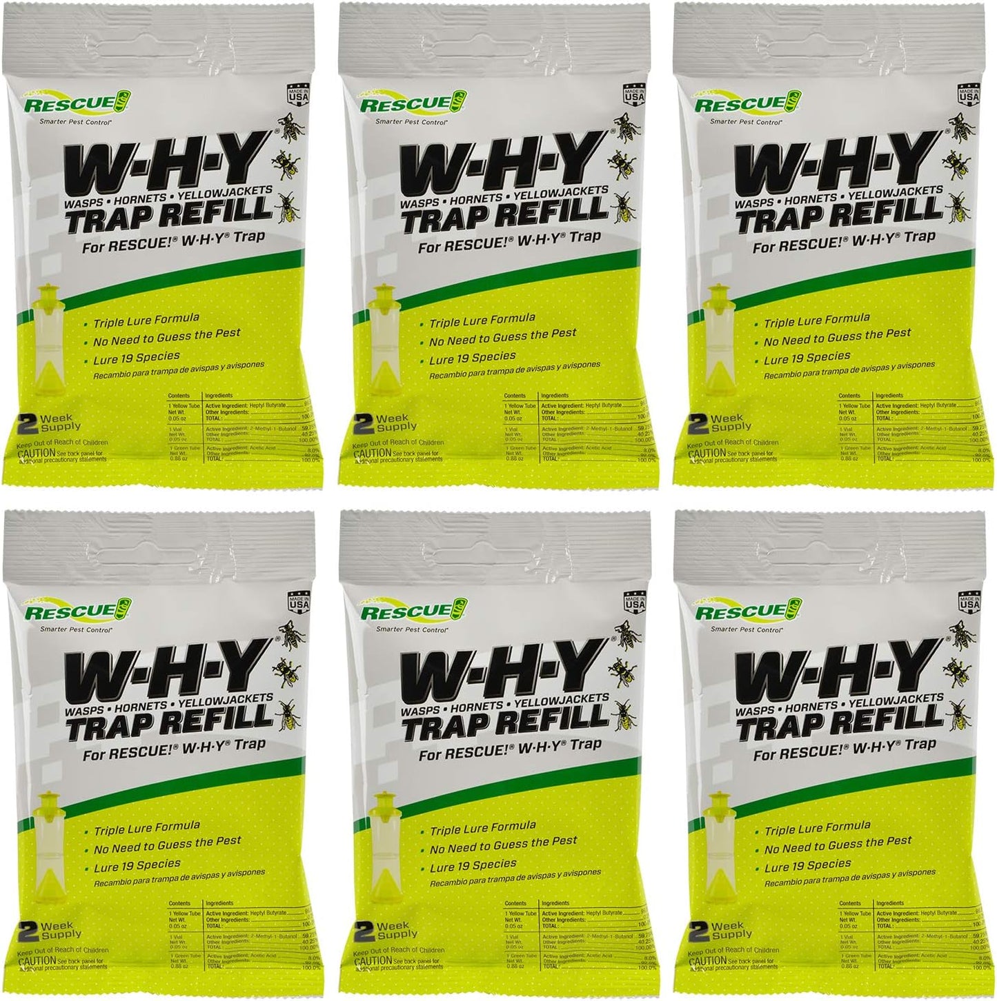 RESCUE! Non-Toxic Wasp, Hornet, Yellowjacket Trap (WHY Trap) Attractant Refill - 2 Week Refill - 6 Pack