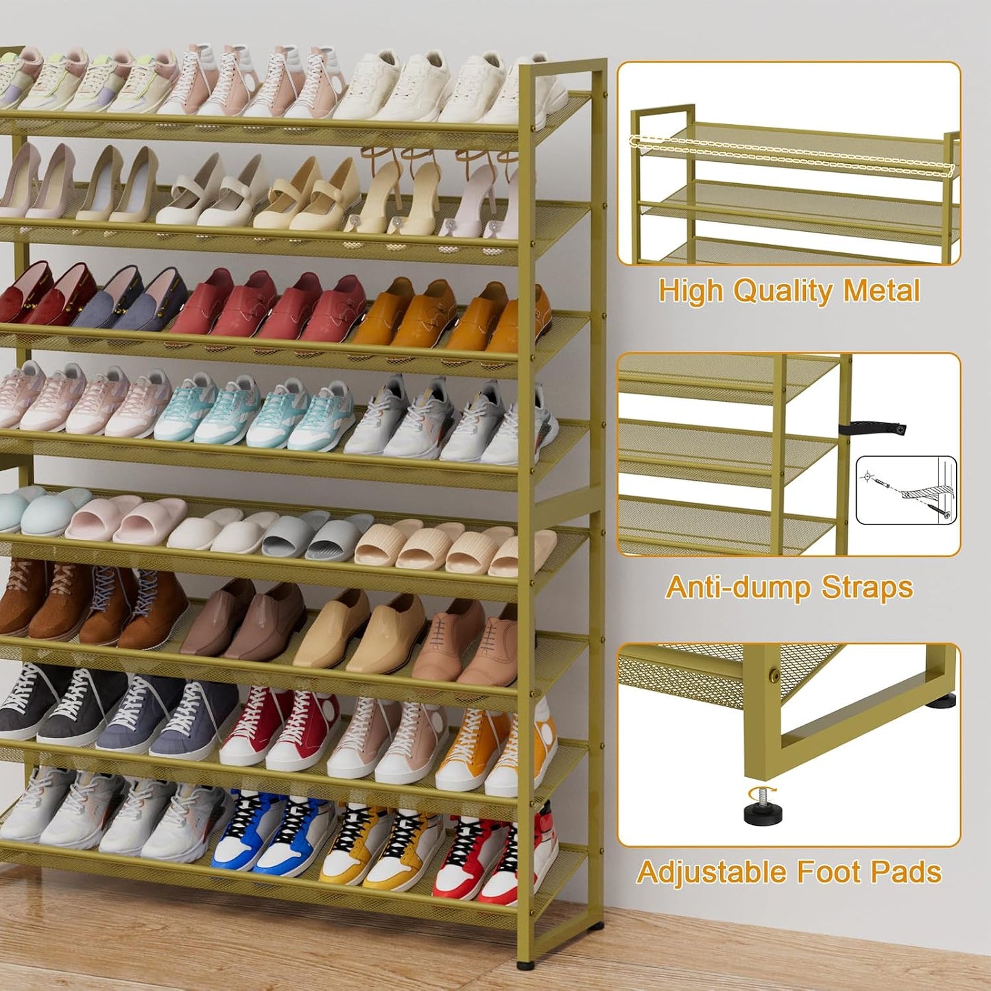 Large Shoe Rack 8 Tier Shoe Organizer, Heavy Duty Metal 4-Tier Stackable Shoe Storage Vertical Shoe Rack for Closet Front Door Entrance, Up to 50 Pairs, 44.8" W x 11.4" D x 56.7" H, Black