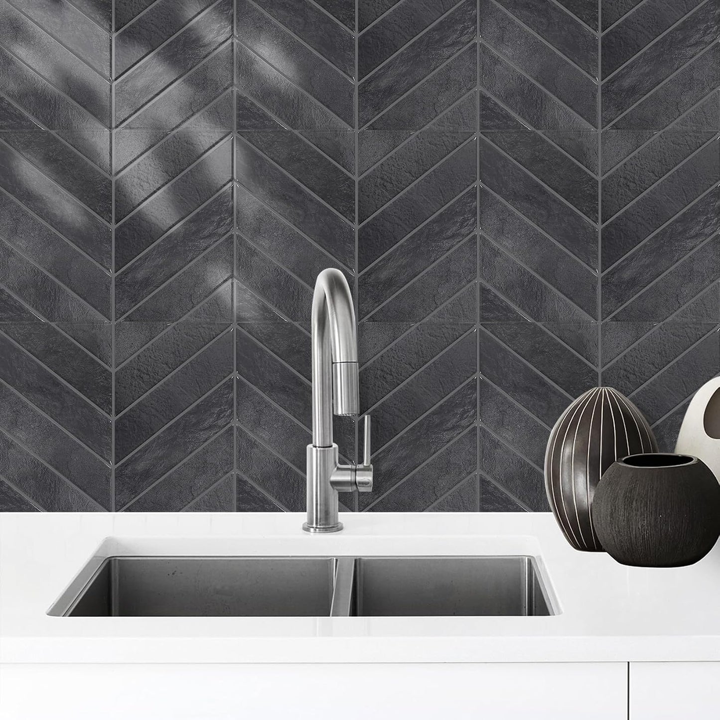STICKGOO 10 Sheets Thicker Herringbone Peel and Stick Backsplash, 12.6”×9.7” Stick on Wall Tiles, Self Adhesive Tile Sticker for Kitchen Backsplash and Bathroom, White with Grey Grout