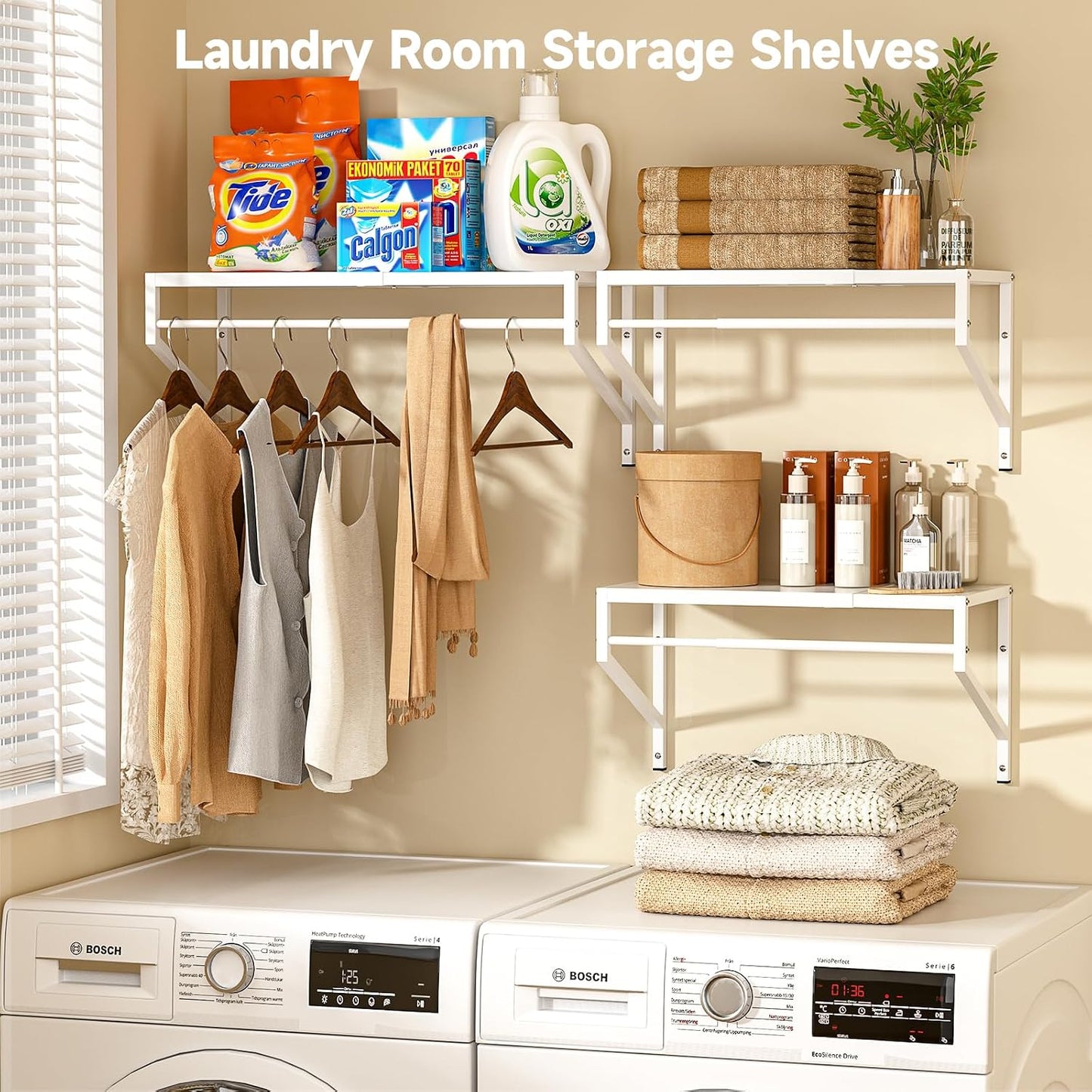 ThreeHio Expandable Closet Shelves Wall Mounted, 2 Pack Closet Shelving with Hanging Rods, Wall Shelving for Walk-in Closet, Hanging Shelves Organizer and Storage for Closet, Laundry