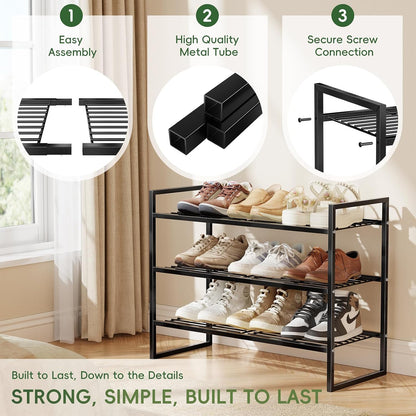 5-Tier Wide Shoe Rack, Metal Shoe Organizer for Closet, Stackable Freestanding Shoe Storage Shelf with Sturdy Wire Grid, Large Capacity Durable Shoe Rack for Entryway Bedroom, Black
