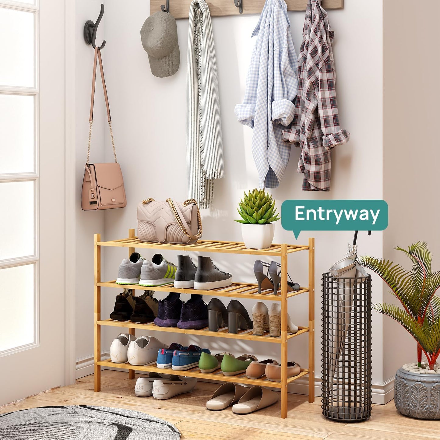 viewcare 3-Tier Black Bamboo Shoe Rack for Entryway, Stackable | Foldable | Natural, Shoe Shelf Storage Organizer for Hallway Closet, Free Standing Shoe Racks for Indoor Outdoor