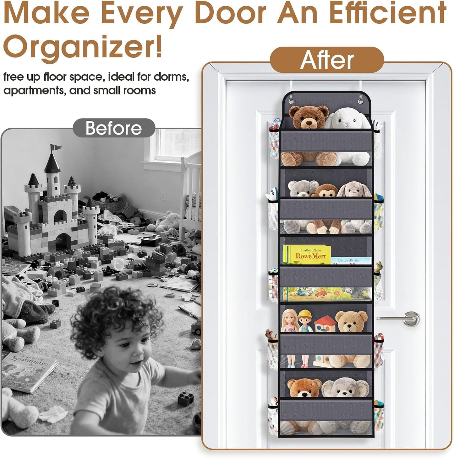 WISELIFE Over The Door Organizer Storage with 4 Large Pockets Door Hanging Organizer with Clear Windows behind The Door Storage for Nursery Bedroom Bathroom Pantry Closet and Baby Essentials Dark Grey