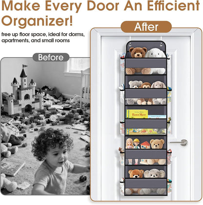 WISELIFE Over The Door Organizer Storage with 4 Large Pockets Door Hanging Organizer with Clear Windows behind The Door Storage for Nursery Bedroom Bathroom Pantry Closet and Baby Essentials Dark Grey