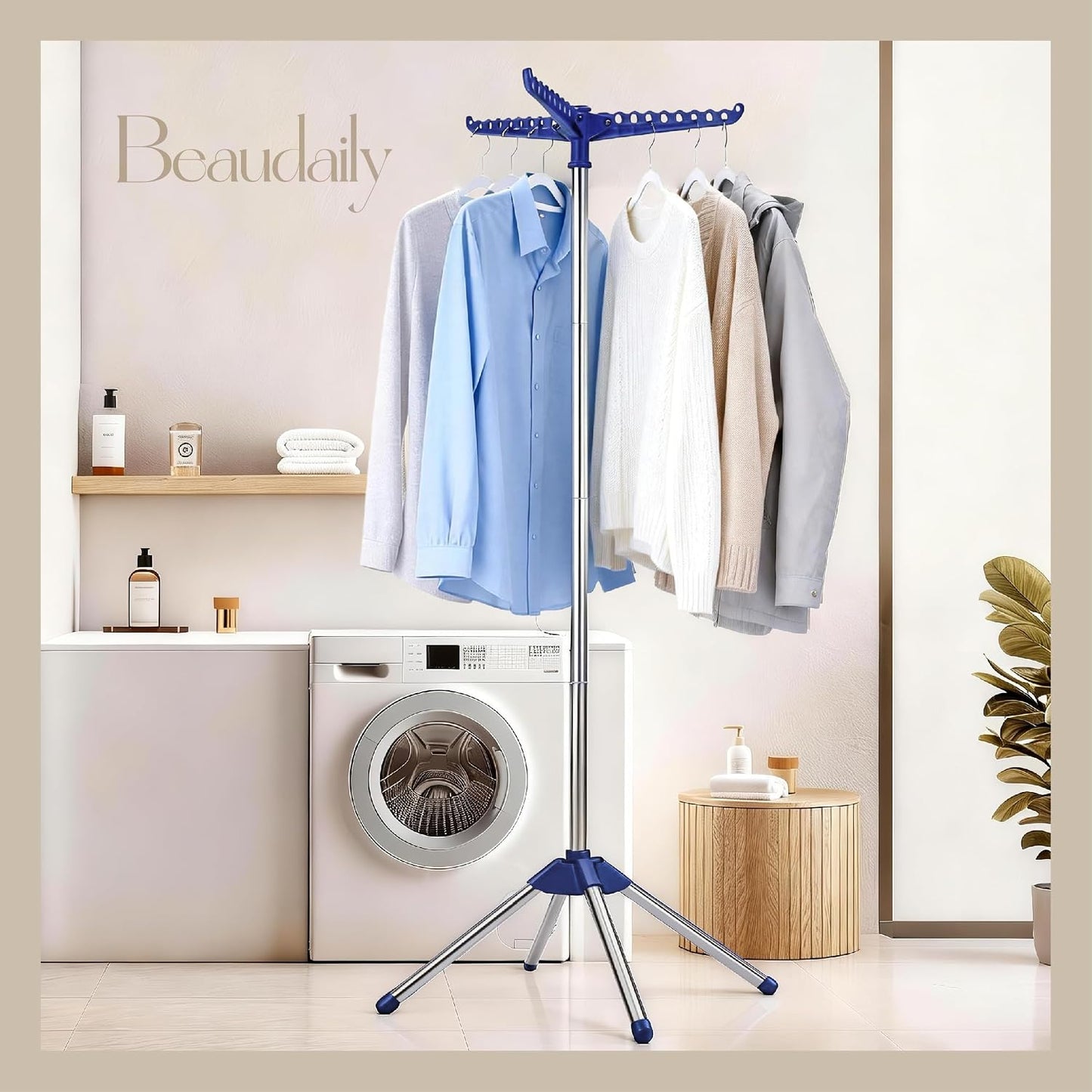 Beaudaily Clothes Drying Rack, Foldable 79.5-Inch Laundry Drying Rack,3 Tie, with Rotatable Arms, Stainless Steel, Holds 27 Clothes,8 Towels and 24 Clips for Hanging Socks, White and Silver