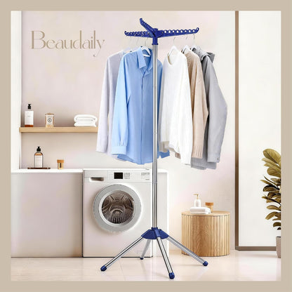 Beaudaily Clothes Drying Rack, Foldable 79.5-Inch Laundry Drying Rack,3 Tie, with Rotatable Arms, Stainless Steel, Holds 27 Clothes,8 Towels and 24 Clips for Hanging Socks, White and Silver