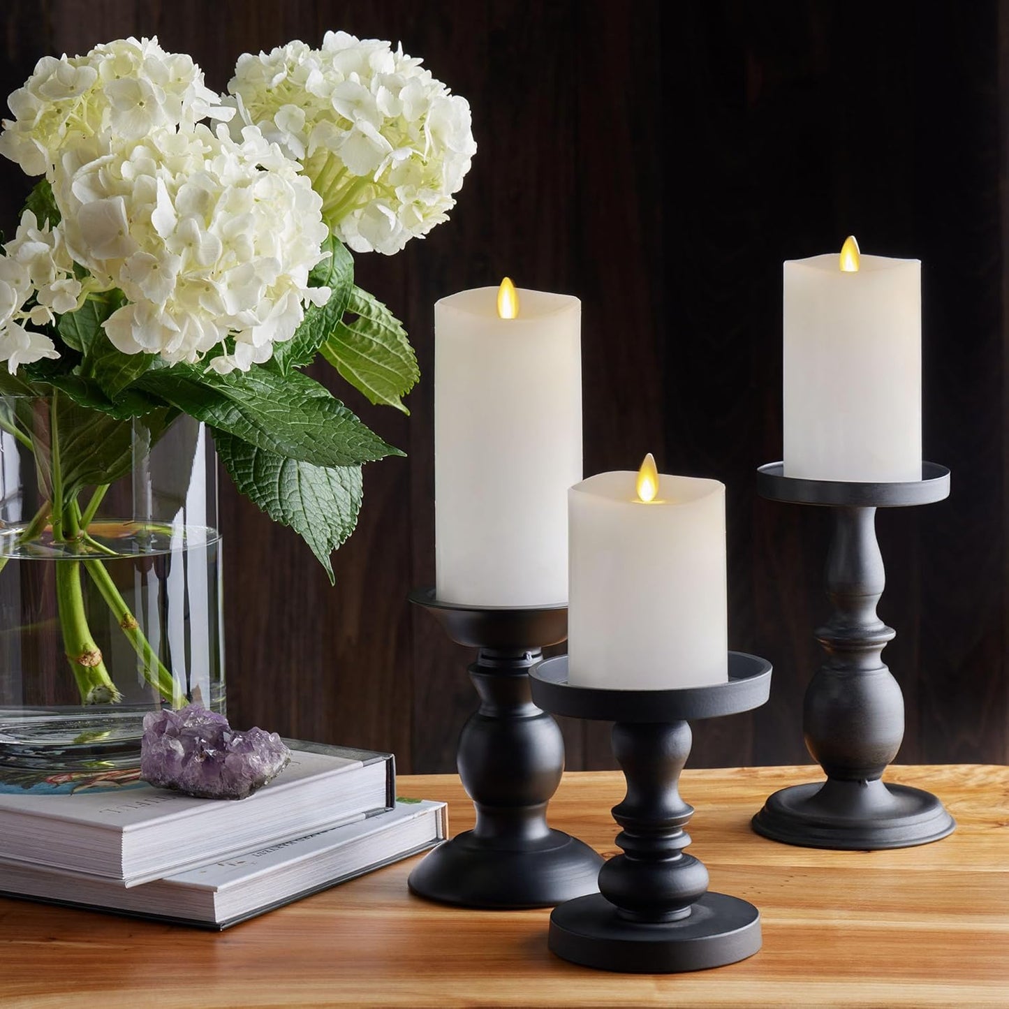 Luminara Realistic Flameless LED Set of 3 Ivory Pillar Candles, Home Safe Moving Flame Melted Top Illumination, Battery Operated Remote Control w/Timer