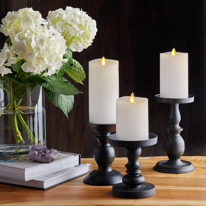 Luminara Realistic Flameless LED Set of 3 Ivory Pillar Candles, Home Safe Moving Flame Melted Top Illumination, Battery Operated Remote Control w/Timer